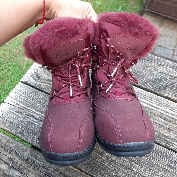 Floopi Faux Fur Boots Burgundy Lace-up Winter Shoes Booties Fleece-Lined Size 10 - Picture 11 of 13